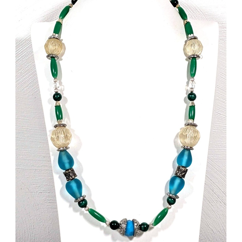 Boho Beachy Blue Green Glass & Lucite Bead Necklace Bali Style Artisan 23"‎